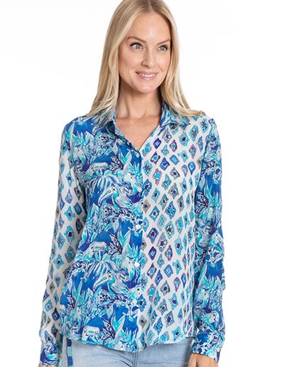 Button Up With Roll Up Tab Sleeve Tropical Treescape145