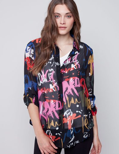 Printed Chiffon Tie Front Blouse with Roll Up Sleeves