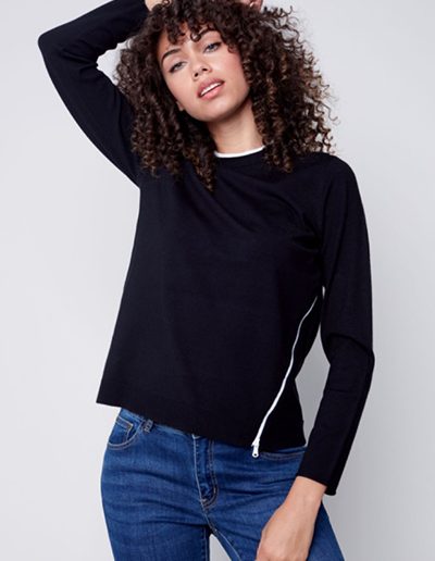 Raglan Sleeve Sweater with Contrast Piping and Zipper Detail